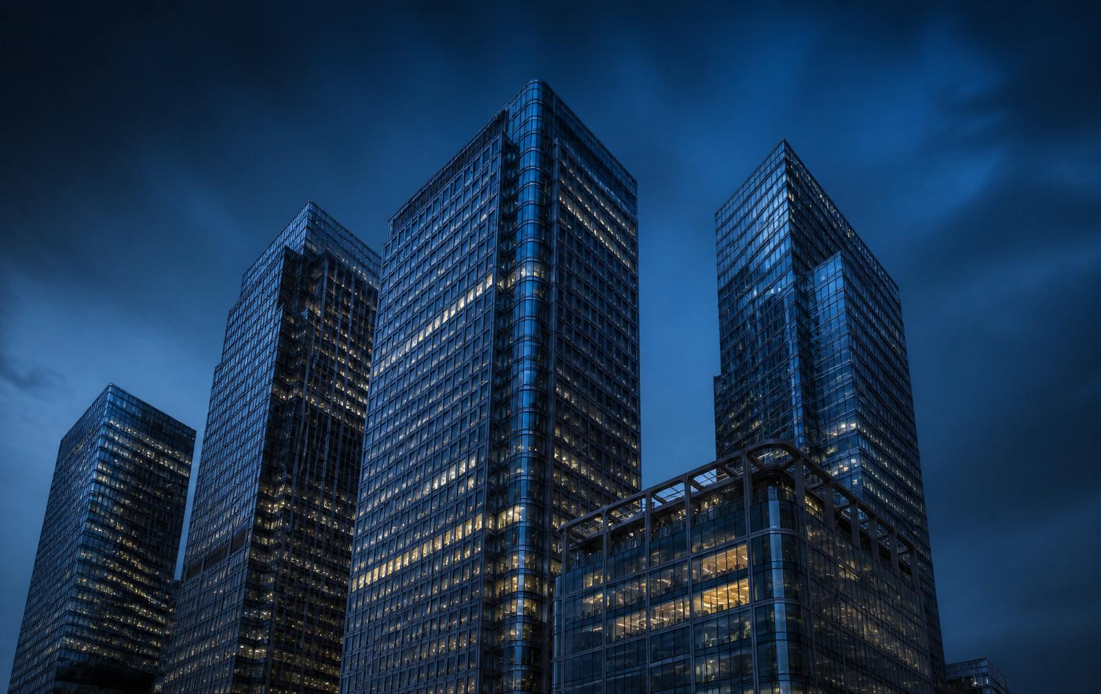 Canary Wharf skyline at blue hour
