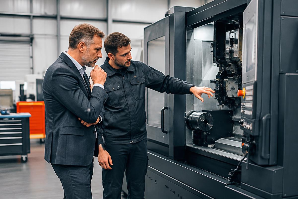 Engineering business owner inspecting financed machinery
