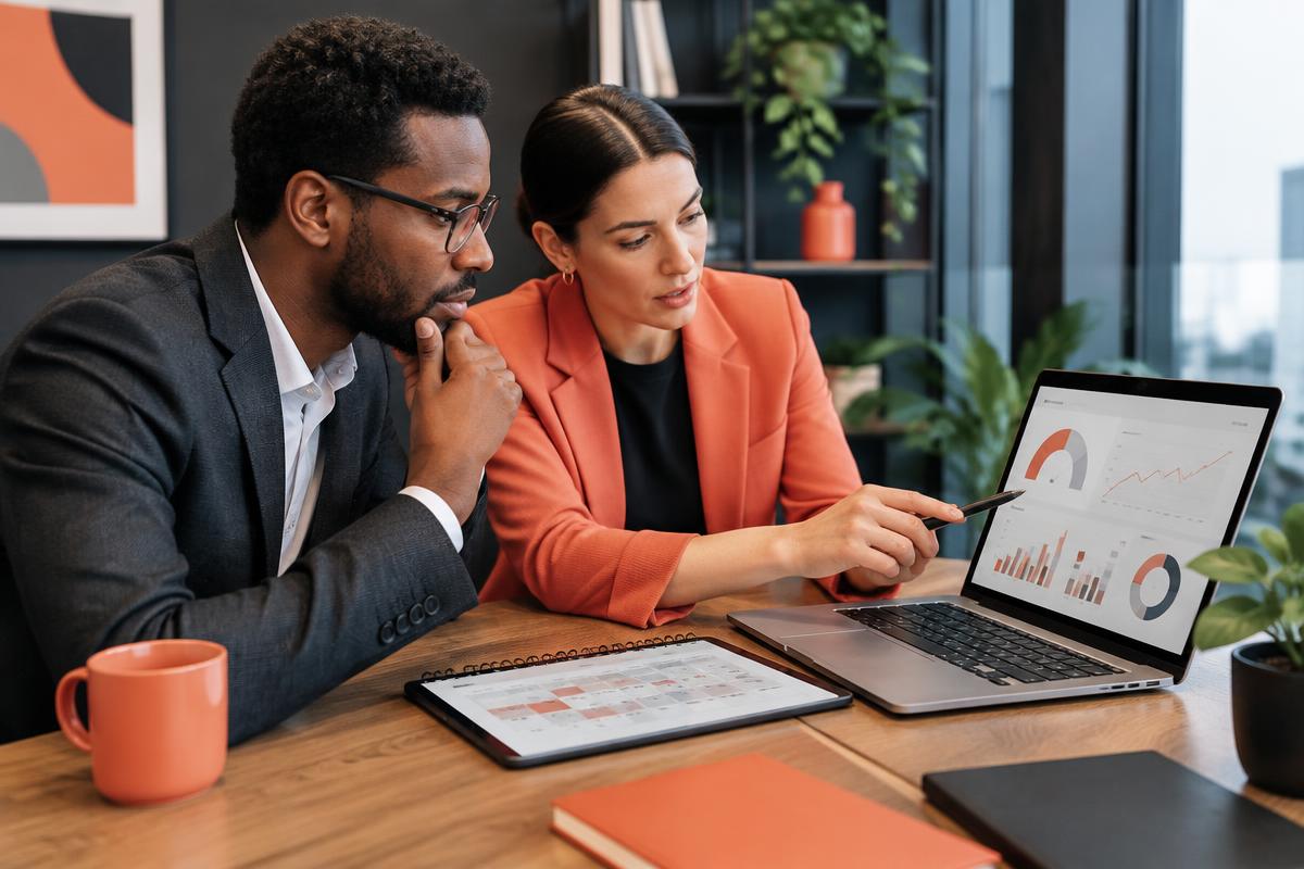 Business partners reviewing company credit information