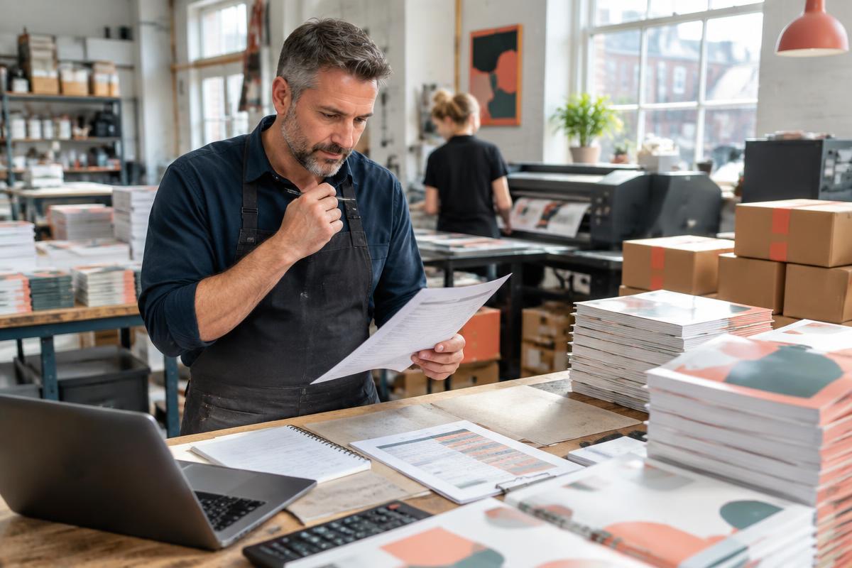 Printing business owner reviewing invoices beside completed orders