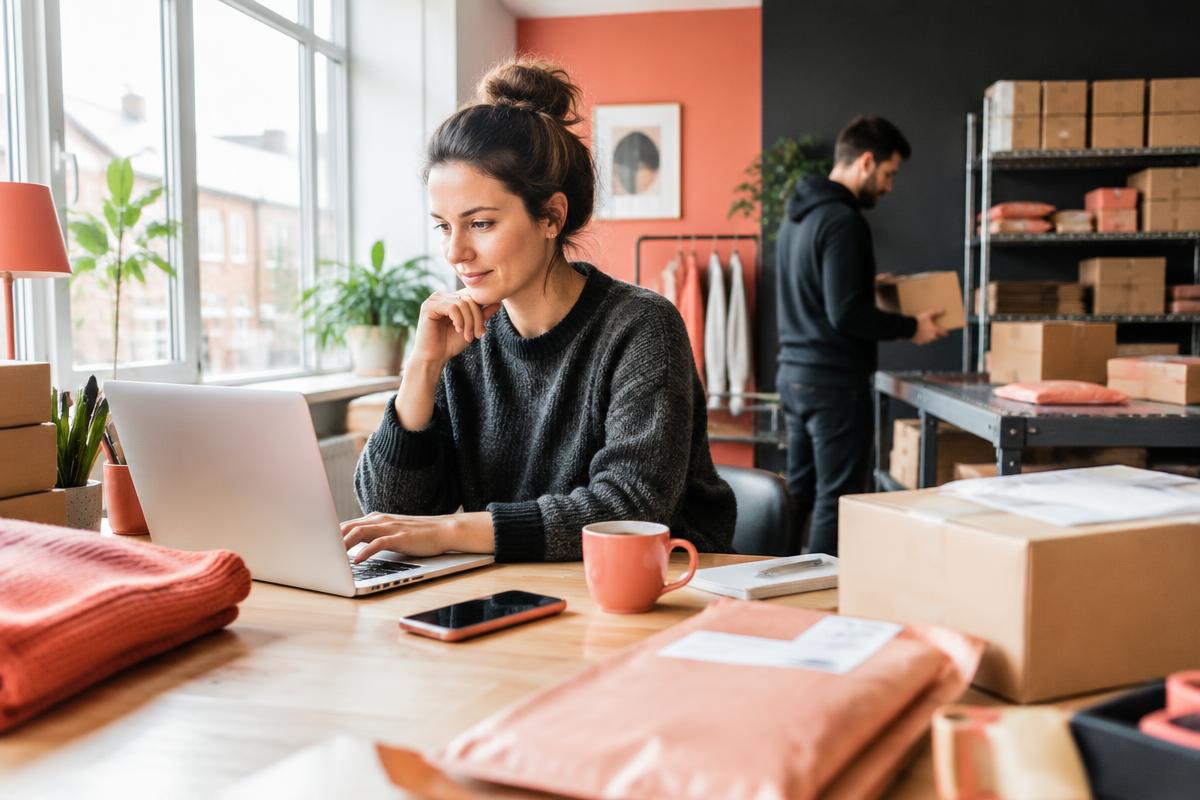 Ecommerce founder reviewing sales in a fulfilment studio