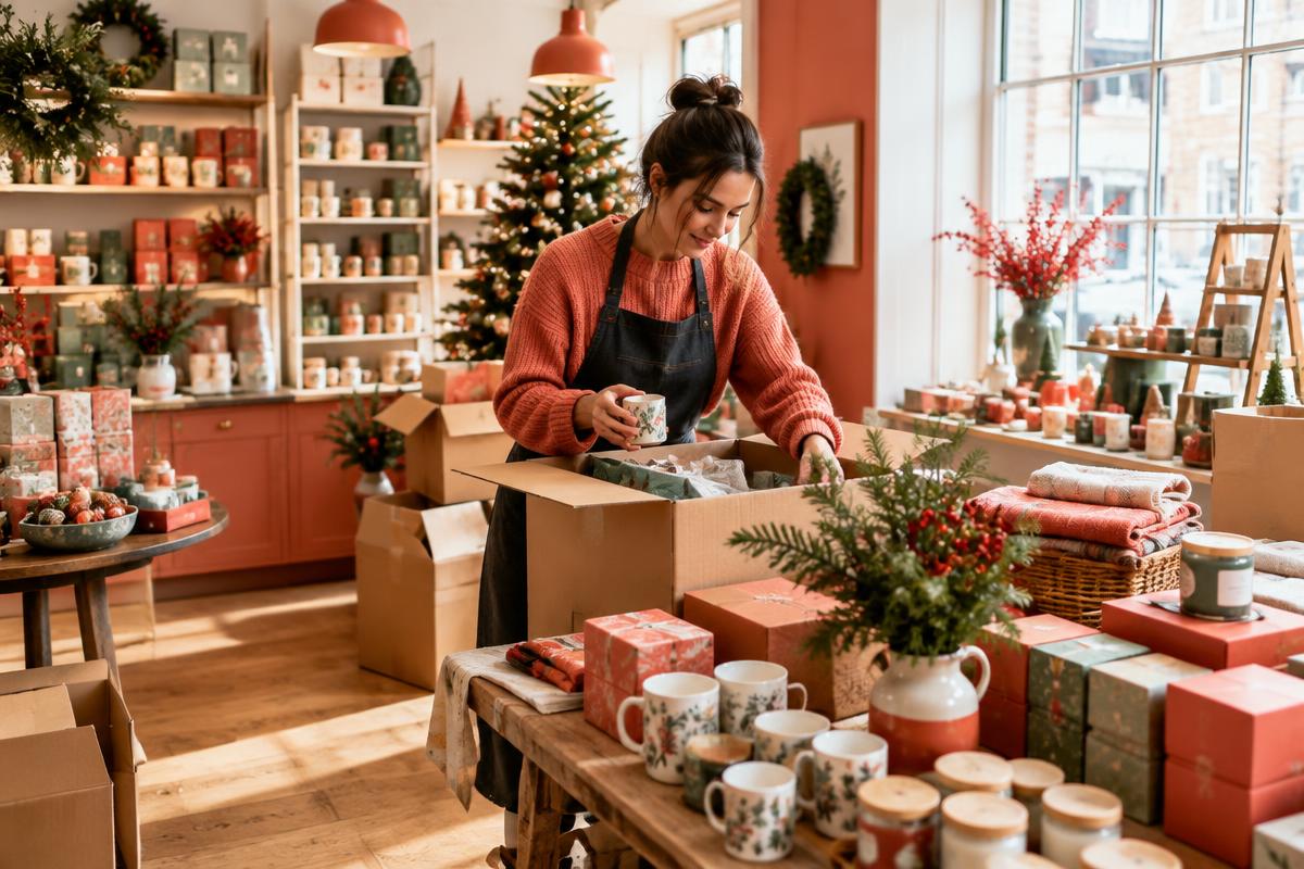 Independent retailer preparing stock for the festive season
